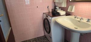 a pink bathroom with a washing machine and a sink at La Casa del Tramonto in Vellano +28 photos