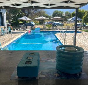 a view of a swimming pool with a blue pool at Aliston Hotel Thassos in Skala Potamias