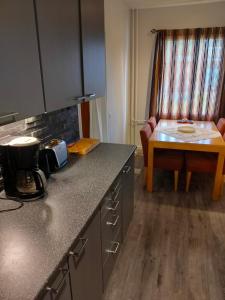 cocina con encimera, mesa y sofá en Ben's cozy home close to the river and city, en Rovaniemi