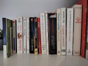 a row of books sitting on a shelf at L'entre deux in Entrelacs
