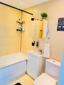 a bathroom with a white toilet and a sink at Smart Artistic studio in shoreditch in Moffat +10 photos
