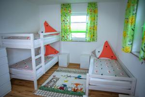 a bedroom with two bunk beds and a ladder at Fuchsbau Erdgeschoß in Burtenbach +7 photos