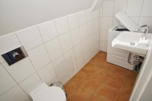 a bathroom with a toilet and a sink at Haus Breeghus Ferienwohnung Seekoje in Breege +31 photos