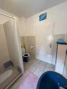 a small bathroom with a toilet and a shower at Azure Dream in Razvala
