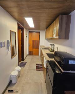 a kitchen with a sink and a printer on a counter at Lazuli Elegant Studio Condo Unit in Baguio