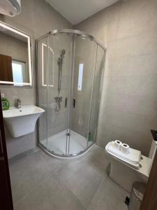 Un baño con ducha, inodoro y lavabo. en New Modern and Spacious 2B, en Taʼ Penza