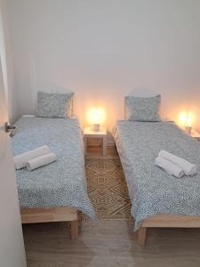 two twin beds in a room with two lamps at Casa do Rio - Apartment Earth in Portimão