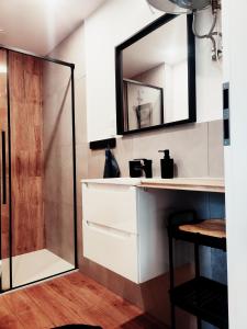 a bathroom with a shower and a sink and a mirror at Przystanek Przegalina in Gdańsk +81 photos