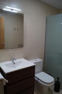 Un baño con lavabo, inodoro y espejo. en Apartamento Turístico “El Yugo”, en Arguedas 37 fotos más