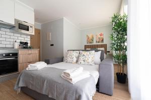 a living room with a couch and a kitchen at Suites Deluxe By Roque in Vigo +16 photos