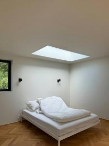 瓦伊比Architectural Gem By Kattegat With Guest House的白色客房的一张床位,设有天窗