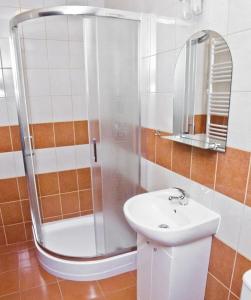 een badkamer met een douche en een wastafel bij Trzy Korony in Głogów Małopolski