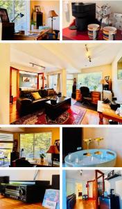 a collage of four pictures of a living room at Cliff House in West Vancouver