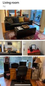 a living room with a black couch and a living room tv at Cliff House in West Vancouver +23 photos