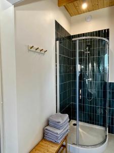 un bagno con doccia con piastrelle verdi di Domki La Luz a Ustronie Morskie Altre 12 foto