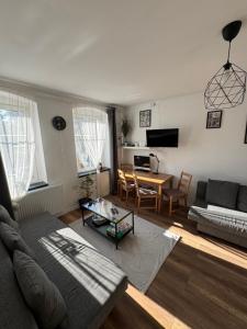 a living room with a couch and a table at Fly Adventures- dom wędkarza in Leśna