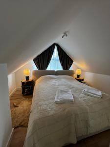 a bedroom with a large bed with a large window at Girios Horizontas - Mara in Trakai