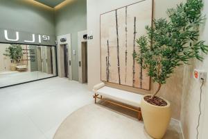 a potted plant in a lobby with a store at Fuji by Xtay - Estúdios completos no Centro, ao lado do Museu Histórico e mercado local in Florianópolis