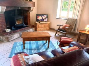 a living room with a couch and a fireplace at Maison éclusière de Choiseau in Coudroy