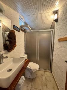 a bathroom with a shower and a sink and a toilet at KiDRAK OTEL MONTENEGRO-1 in Faralya