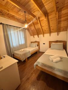 two beds in a room with wooden ceilings at KiDRAK OTEL MONTENEGRO-1 in Faralya +37 photos