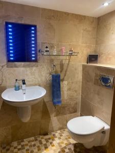 a bathroom with a sink and a toilet and a window at Roomy home 1 level Free Parking in Edinburgh