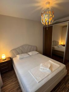 a bedroom with a bed and a large mirror at Aparthotel Brown in Bucharest +7 photos