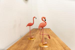 two flamingos standing on a wooden table at Feeling Doñana in Villamanrique de la Condesa