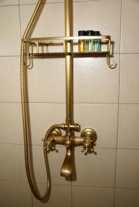 a bathroom shower with a brass shower faucet at Socros Home, Mesta Chios in Mestá +29 photos
