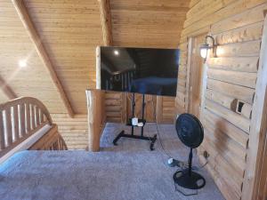una camera da letto con una grande televisione in una baita di tronchi di Hidden Cove - Beauty On The Lake! a Oscoda