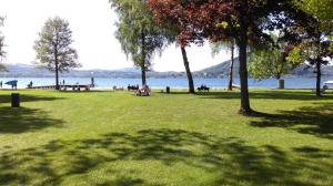 a park with people sitting on the grass near the water at Rooming Green mit Seeblick in Weyregg