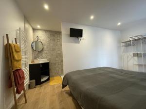 a bedroom with a bed and a sink and a mirror at Maison heia in Sare