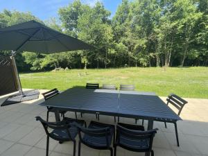 a picnic table with chairs and an umbrella at Gîtes du Château de Malcombe in Rillé
