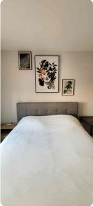 - un lit blanc dans une chambre avec 3 photos sur le mur dans l'établissement Boho Style Apartment, à Montréal