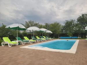 ein Schwimmbecken mit Stühlen und Sonnenschirmen und ein Pool in der Unterkunft Casa Sofia Avrig in Avrig
