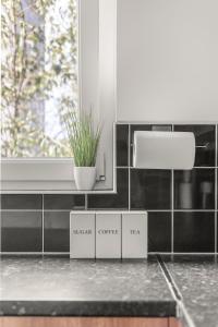 バーキングにあるBright & Modern London Apartmentの黒と白のタイルが敷かれたキッチン