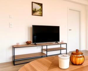 a living room with a flat screen tv on a stand at Neubau Stadtwohnung mit Balkon in Siegen Parkplatz WLAN Autobahn in Siegen