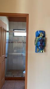 a bathroom with a shower and a toilet with a picture at Fergust Family Studio Monteverde in Sierra +47 photos