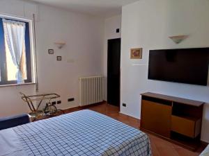 a bedroom with a bed and a flat screen tv at Nuvola House in Mandello del Lario
