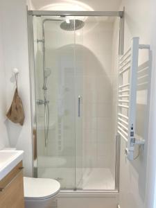 eine Dusche mit Glastür im Badezimmer in der Unterkunft Le Petit Cottage - Appartement Centre-Ville & Plage in Concarneau