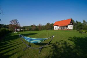 a hammock in the middle of a yard with a house at Domek Bajkowy Zakątek nad jeziorem Narie in Bogaczewo