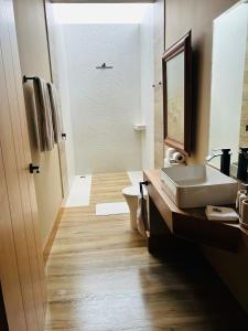 a bathroom with a sink and a toilet and a mirror at Casa Canto del Agua in Lorena