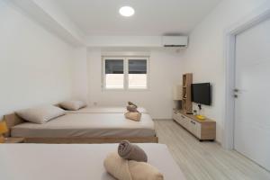 a white bedroom with two beds and a tv at Milenkovic Apartments in Gevgelija