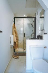 un bagno con wc e doccia in vetro di Spa du palais jacuzzi sauna - Rouen centre - free parking a Rouen