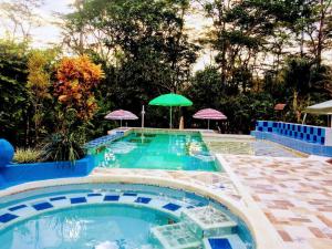 a swimming pool with an umbrella and an outdoor swimming pool at Finca MI FUNDO in Acacías