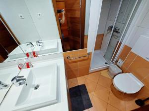 a bathroom with a sink and a shower and a toilet at Bella Lubiana in Ljubljana