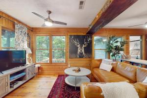 un soggiorno con un divano e una TV di Tiptop Treehouse a Ellijay