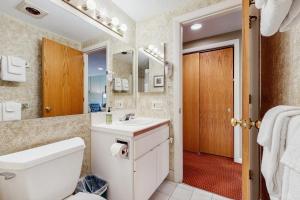 a bathroom with a toilet and a sink and a mirror at South Peak Studio at Rivergreen in Lincoln