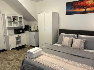 a small bedroom with a bed and a kitchen at Kenneths Cozy Retreat - Saint John NB - 1BR - Wi-Fi - 4mins to Regional Hospital and UNB in Saint John