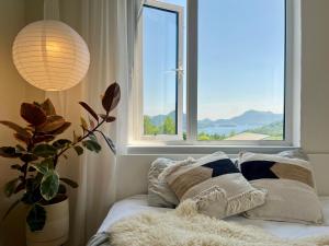 洞爷湖New! Lake and Mountain View Hammock House Up to 6 People的窗户间内的一张带枕头的床